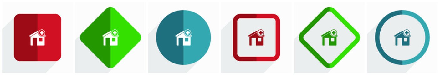 Fototapete - Hospital building icon set, flat design vector illustration in 6 options for webdesign and mobile applications in eps 10