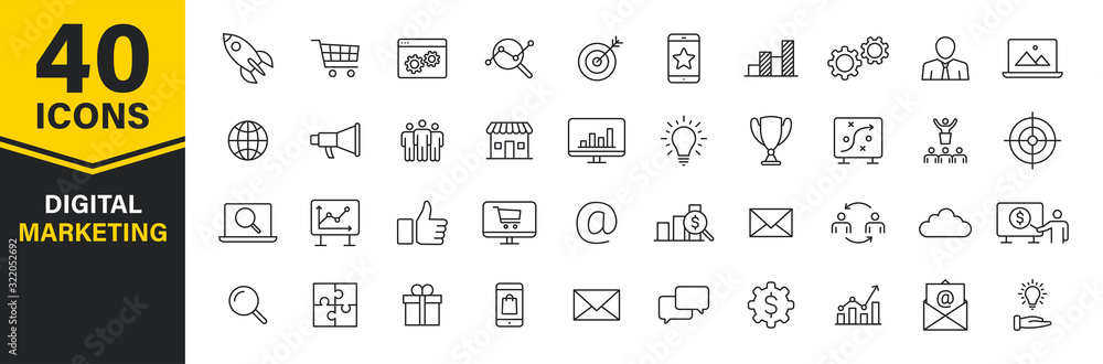 Set of 40 Digital Marketing web icons in line style. Social, networks, feedback, communication, marketing, ecommerce. Vector illustration. - obrazy, fototapety, plakaty 