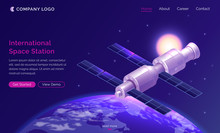 International Space Station Isometric Landing Page, Satellite Or Spaceship Orbiting Earth In Starry Sky, Iss Cosmos Exploration, Outer Universe Scientific Mission, 3d Vector Illustration, Web Banner