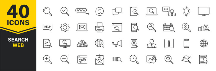 Set of 40 Search web icons in line style. SEO analytics, Digital marketing data analysis, Employee Management. Vector illustration.