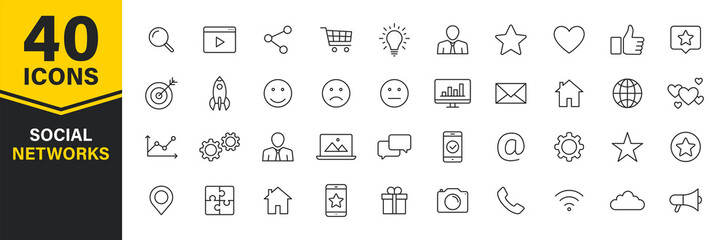 Wall Mural - set of 40 social networks web icons in line style. marketing, feedback, management, target, like, co