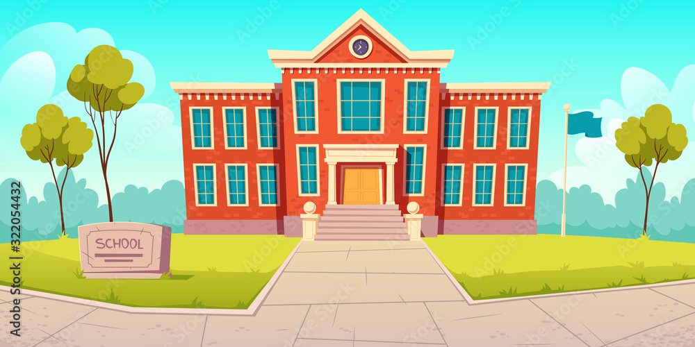 School building educational institution, college empty front yard with green trees, grass lawns, paving stones path, city architecture, place for studying, summer landscape Cartoon vector illustration - obrazy, fototapety, plakaty 