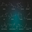 © alvaroc - Zodiac constellations. Horoscope and astrology line symbols on dark background, zodiac celestial design elements. Vector illustration astronomy map sky star set on backdrop of space