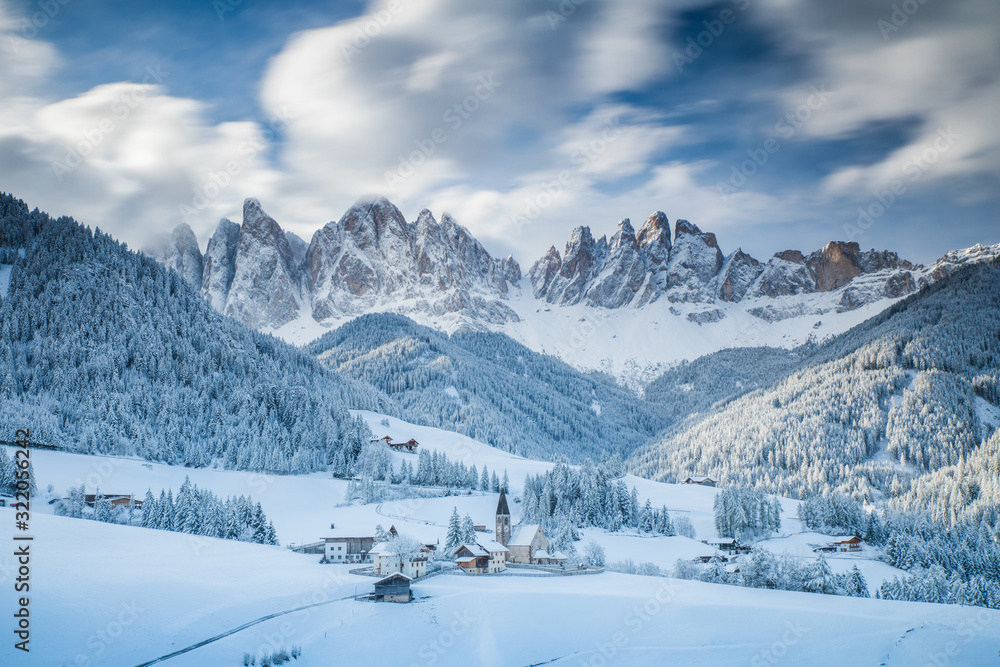  Santa Maddalena village in Val di Funes one of the most beautiful valleys Dolomite in the winter - obrazy, fototapety, plakaty 