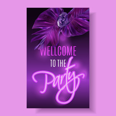 Wall Mural - Vector purple neon banner with tropical leaves
