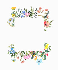 Watercolor wildflower frame on white background. Beautiful summer meadow flowers border, botanical backdrop for cards, invitations. Floral hand drawn illustration