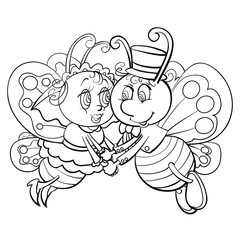 two butterflies a boy and a girl soar in the air and hold hands, love, outline drawing, isolated object on a white background,