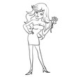 girl in a short evening dress stands with a flower in her hands, drawing in outline, isolated object on a white background,