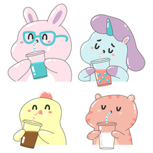 Cute Animals Drink Smoothie, Coffee, Bubble Tea And Milk Vector Cartoon Characters Set Isolated On A White Background.