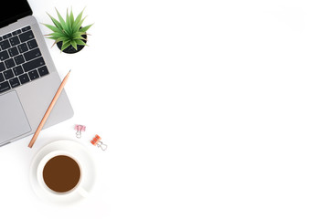 Wall Mural - Flat lay office business concept on white table desk background with laptop computer and coffee cup, pencil and paper clip, green plant, Top view with copy space, work space