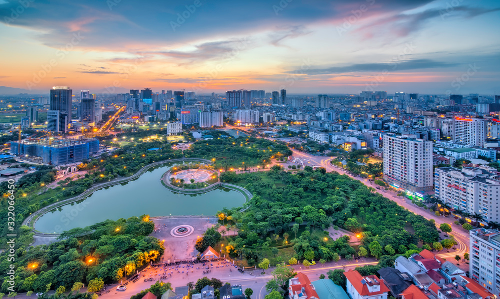Hanoi skyline cityscape at twilight period. Cau Giay park, west of Hanoi - obrazy, fototapety, plakaty 