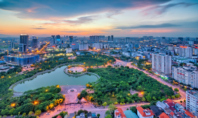 Wall Mural - Hanoi skyline cityscape at twilight period. Cau Giay park, west of Hanoi