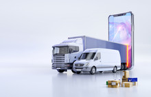 Fast Shipping Delivery, Online Tracking Service App 3D Illustration Concept With Delivery Truck, Cargo Van, Parcel Boxes, Mobile Smartphone, Logistics Map, Location Marks. Logistic Network Application