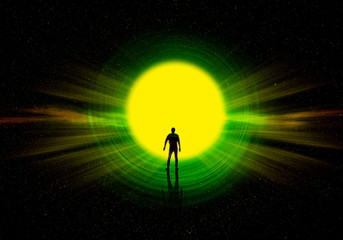 Canvas Print - man silhouette at the end of the tunnel with the universe and blinding light in the background