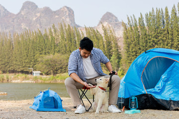 Asian young man in blue shirt with cute puppy dog camping on the lake hill mountain view happy and enjoy life