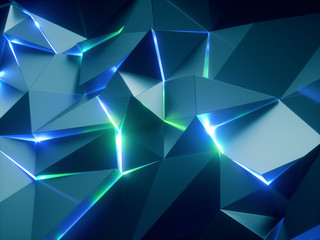 Wall Mural - 3d render, abstract faceted crystal background, metallic texture, green blue neon light, glowing laser lines, triangles, geometric crystallized wallpaper, modern fashion concept