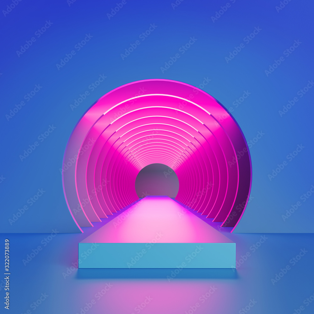 3d render, abstract blue background, pink neon light inside round ...