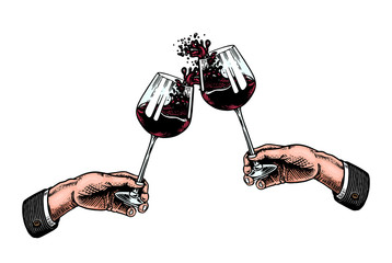 Cheers toast and clink glasses of wine in hand. Celebration concept. Red grape alcoholic drink. Vintage badge. Splashing alcohol Template Label. Semi sweet dry drink. Drawn engraved.