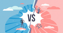 Versus Split Screen Abstract Concept, Flat Tiny Persons Vector Illustration