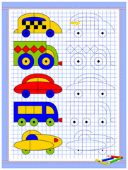 Wall Mural - educational page for kids. printable worksheet on square paper for children. draw and paint the cars