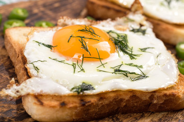 breakfast bread toasts with fried eggs.