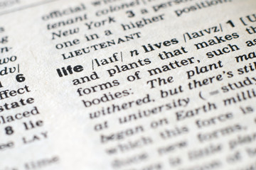 a close-up on a word life in english dictionary (selective focus)