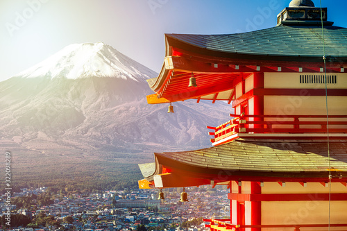 Sunrise of Fuji mountain and red Pagoda at dawn, Japan Poster Mural XXL