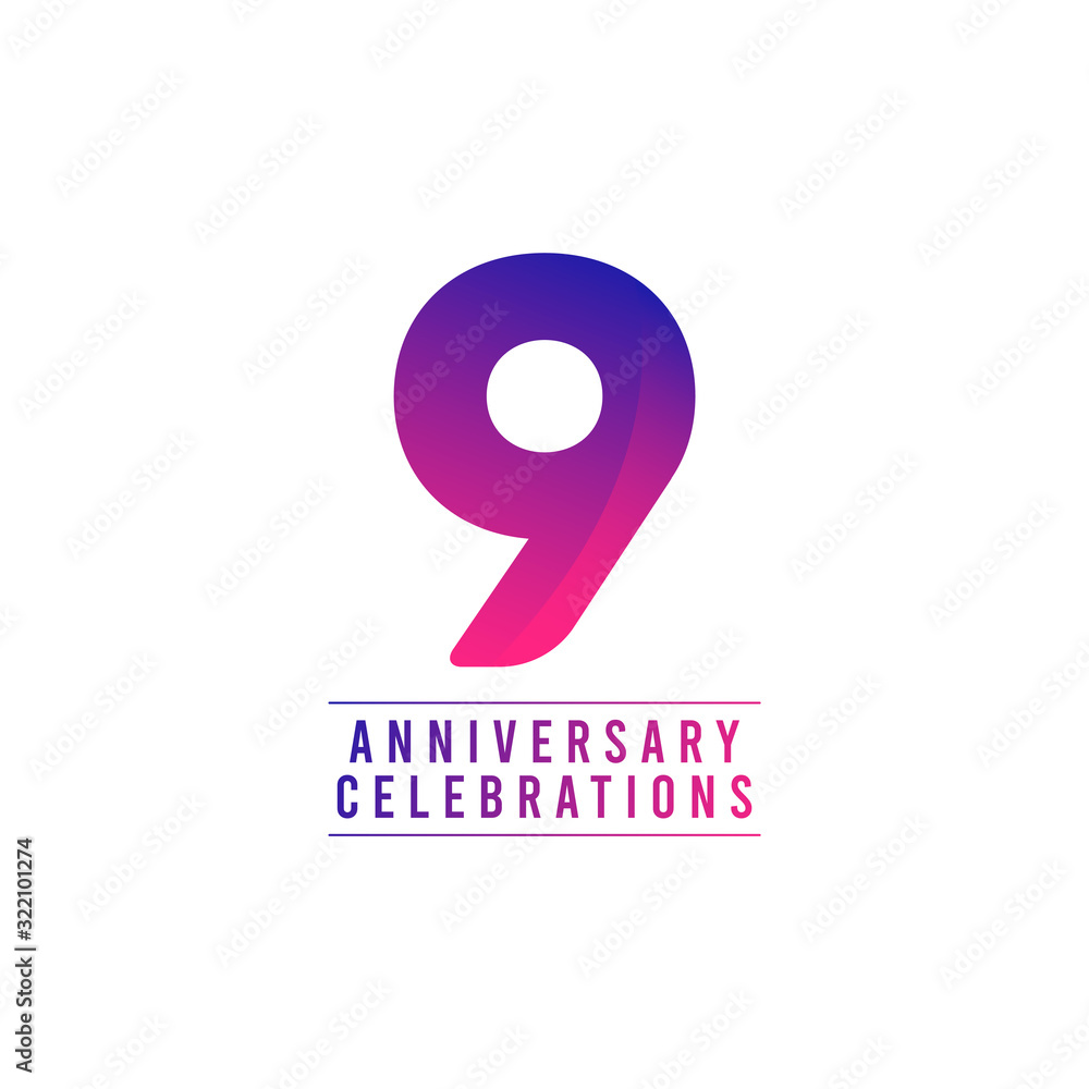 9 Years Anniversary Celebrations Vector Template Design Illustration - obrazy, fototapety, plakaty 