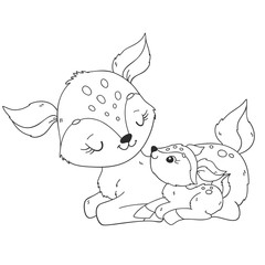 Wall Mural - Coloring page with cute deer, mother and baby