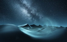 Rolling Sand Dunes At Night With The Milky Way Banding Across The Sky. Mixed Media Illustration.