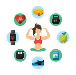 Sticker - young woman athlete with healthy lifestyle icons