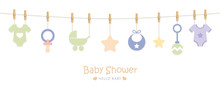 Baby Shower Welcome Greeting Card For Childbirth With Hanging Utensils Vector Illustration EPS10