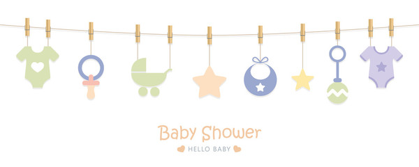baby shower welcome greeting card for childbirth with hanging utensils vector illustration eps10