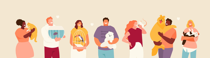 group of happy people with pets in their arms. friendship and care for animals vector illustration