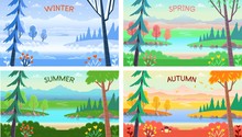 Landscape Four Seasons. Winter, Spring, Summer, Autumn. Forest Landscape With Trees, Bushes, Flowers, Road, And A Lake. Colorful Banners In Flat Style.