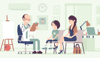 Child pediatric check up procedure, male doctor. Family visiting medical practitioner in clinic office, adolescent medicine specialist exam, health care of infant, children, kid. Vector illustration