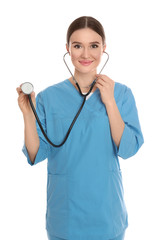 Canvas Print - Portrait of doctor with stethoscope on white background