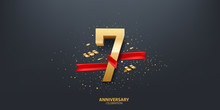 7th Year Anniversary Celebration Background. 3D Golden Number Wrapped With Red Ribbon And Confetti On Black Background.