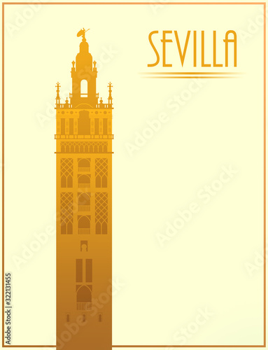Fotomural Imagen de la ciudad de Sevilla con una ilustración de la Giralda en diseño limpi