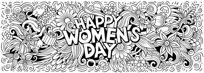 Wall Mural - Happy Womens Day hand drawn cartoon doodles illustration.