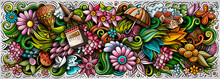 Spring Hand Drawn Cartoon Doodles Illustration. Colorful Vector Banner