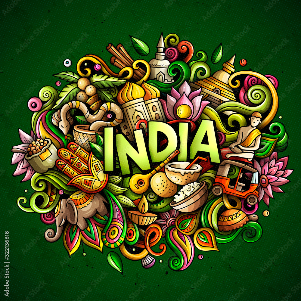 India hand drawn cartoon doodles illustration. Funny design. Stock ...