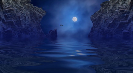 Wall Mural - moonlight night landscape clouds reflection in water. Sea landscape with moon and rocks