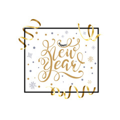 Canvas Print - Happy New Year hand written lettering with golden Christmas stars and Gold Serpentine