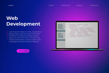 Web development themed website page template. Development of software and mobile app. Program code on laptop