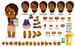 Cartoon afro-american woman constructor for animation. Parts of body: legs, arms, face emotions, hands gestures, lips sync. Full length, front, three quater view. Set of ready to use poses, objects.