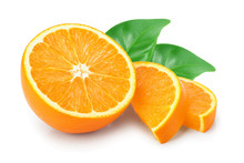 Orange Fruit Slice With Leaves Isolated On White Background