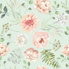 Blush Pink Rose, Peony, Dahlia Flowers, Green Leaves, Fern, Mint Background. Floral Illustration. Vector Seamless Pattern. Botanical Design. Nature Summer Plants. Romantic Wedding
