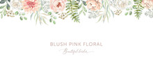 Delicate Border Of Blush Pink Flowers, Forest Green Leaves, White Background. Wedding Invitation Banner Frame. Rose, Peony, Fern. Vector Illustration. Floral Arrangement. Design Template Greeting Card