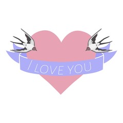 Wall Mural - Valentines day with birds on heart over white background with i love you banner, vector illustration. Couple of swallow birds on love heart isolated on white for wedding or valenines day.